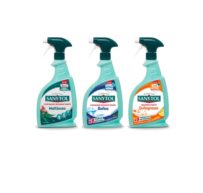 1 SANYTOL BAÑO + 1 SANYTOL COCINA + 1 SANYTOL MULTIUSO CON GATILLO DE 750 ML C/U