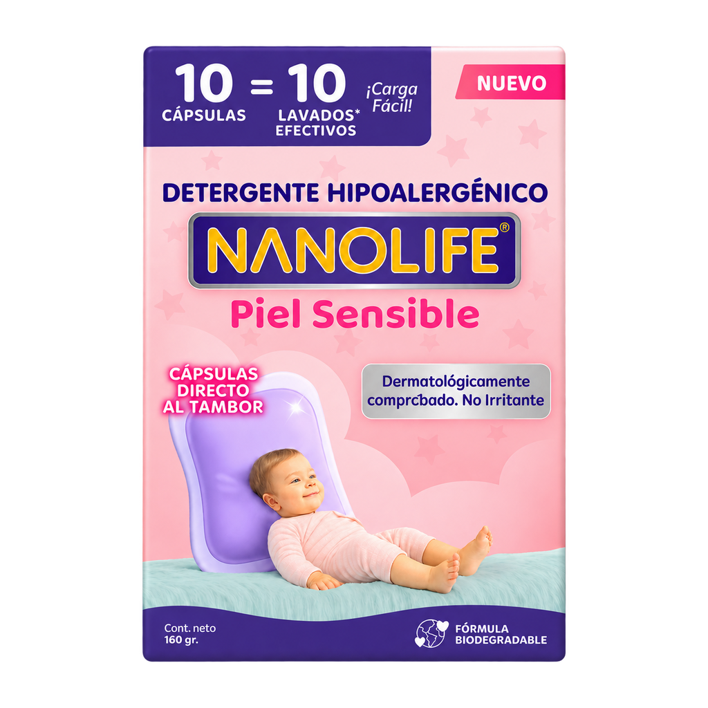Detergente hipoalergénico Nanolife Piel Sensible en envase de 10 cápsulas y 160 gramos