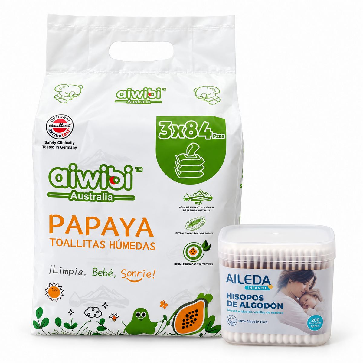 Pack Aiwibi 3 x 84 toallitas húmedas Papaya más Aileda 200 hisopos de algodón