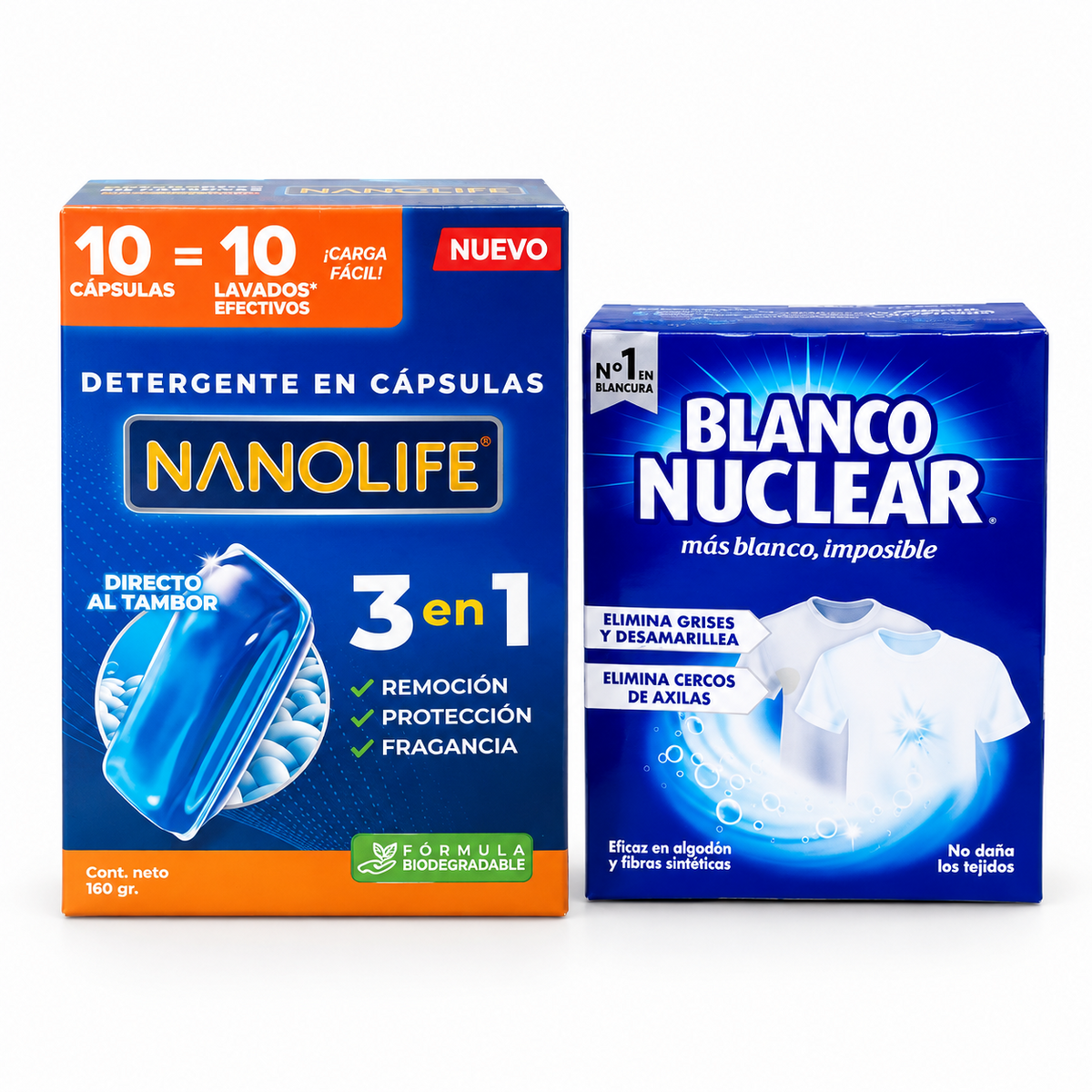 Pack NANOLIFE detergente 10 cápsulas y Blanco Nuclear para ropa blanca