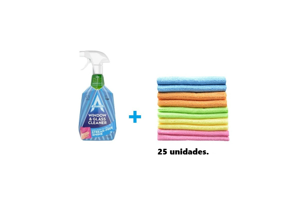 Astonish Limpiador de Vidrios y Ventanas Eucalipto y Limón 750 ml + 1 Pack de 25 paños de microfibra