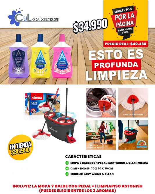 1 Balde mopa con pedal Vileda + 1 Limpiapiso Astonish