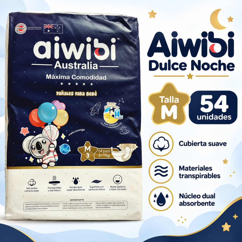 Pañales Aiwibi Dulce Noche M – 54 unidades características