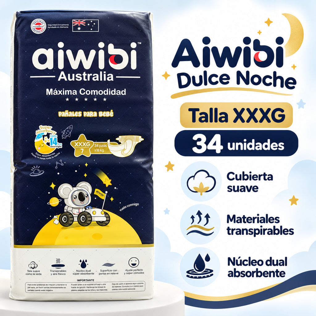 Pañales Aiwibi Dulce Noche XXXG 34 unidades características