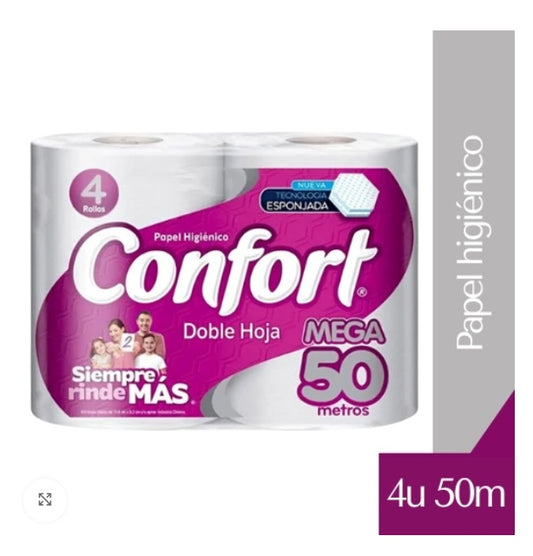 Papel Higiénico Confort Doble Hoja 50 mts c/u 4 Unid