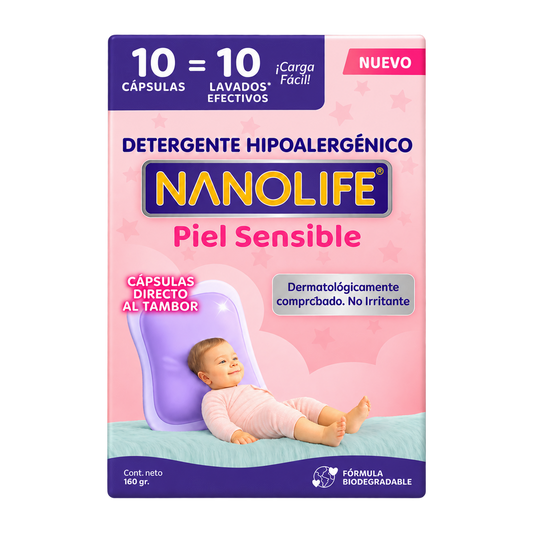 Detergente hipoalergénico Nanolife Piel Sensible en envase de 10 cápsulas y 160 gramos