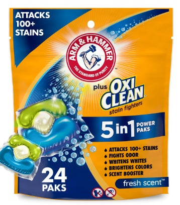 Detergente para ropa en cápsulas Power Paks 5-en-1 Arm & Hammer más quitamanchas OxiClean, Alta Eficiencia (24 unidades)