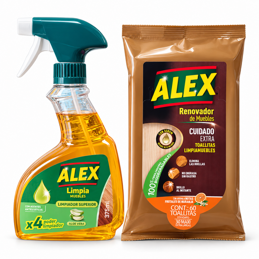 Pack ALEX limpia muebles spray 375 ml y toallitas renovadoras para madera
